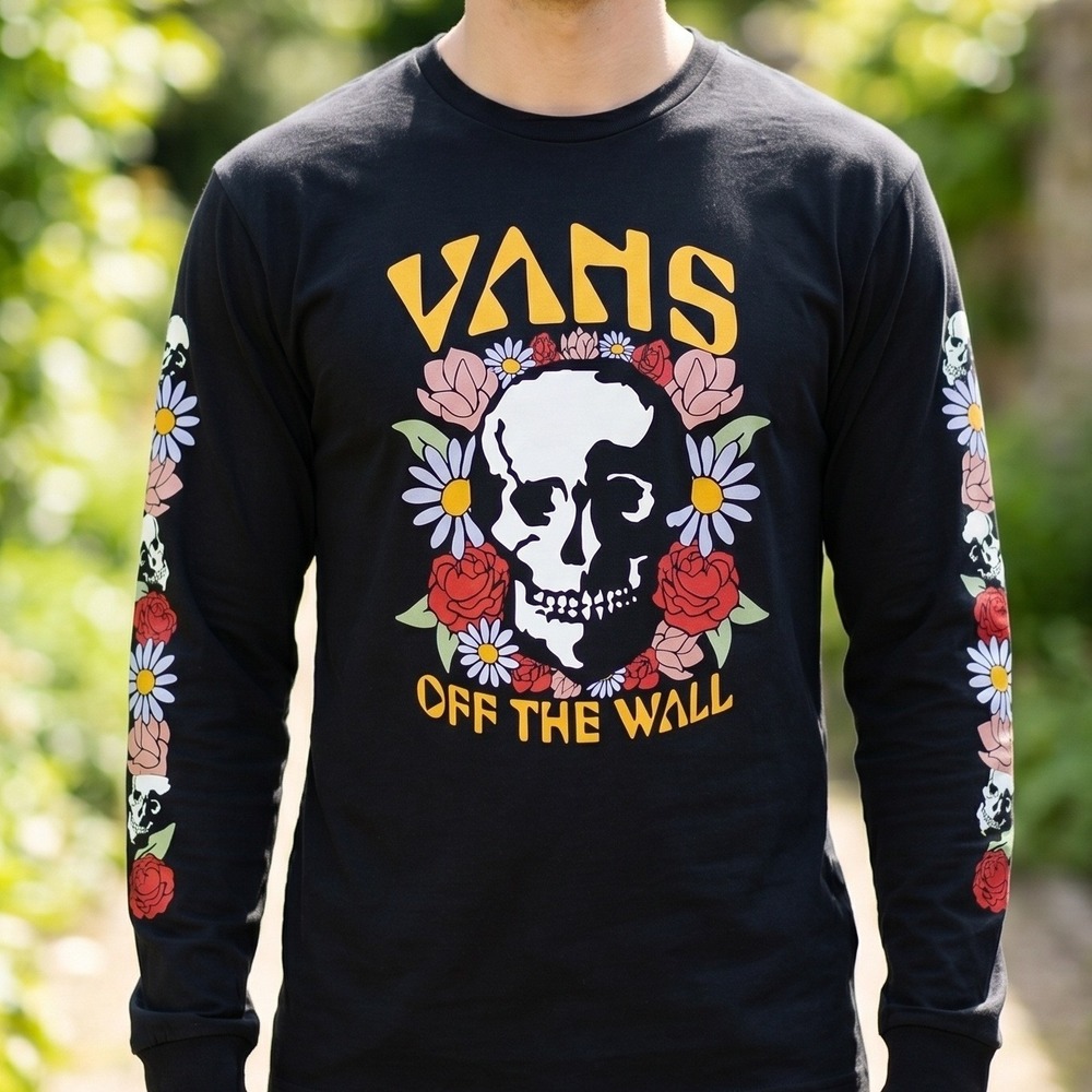 Vans Off The Wall Skull Floral Graphic Long Sleeve T-Shirt Black Small